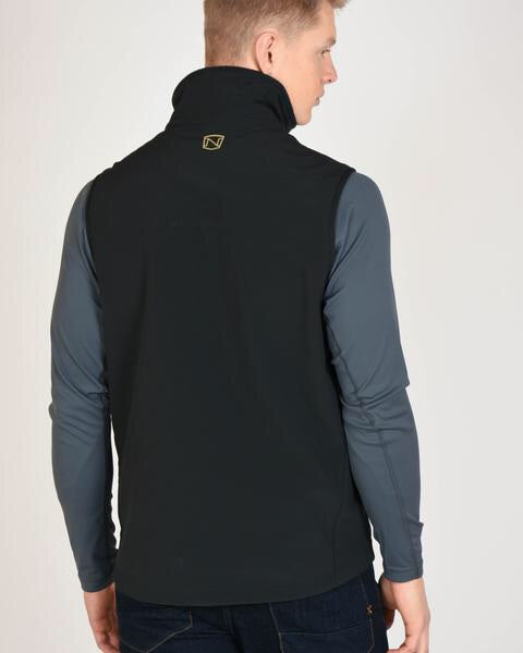 Rearview of Model Wearing Mens All Around Black Vest Showing Noble Outfitters Logo on Neck